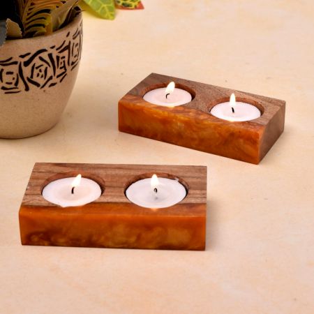 Candle Holder for Tea Light made of Wood and Orange Epoxy Resin - 2 Piece